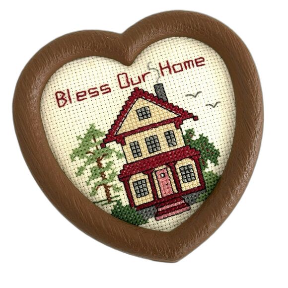 Handmade Other - Vtg Mini Cross Stitch HEART “Bless our Home ” Wall Hanging Cottagecore 4.5In